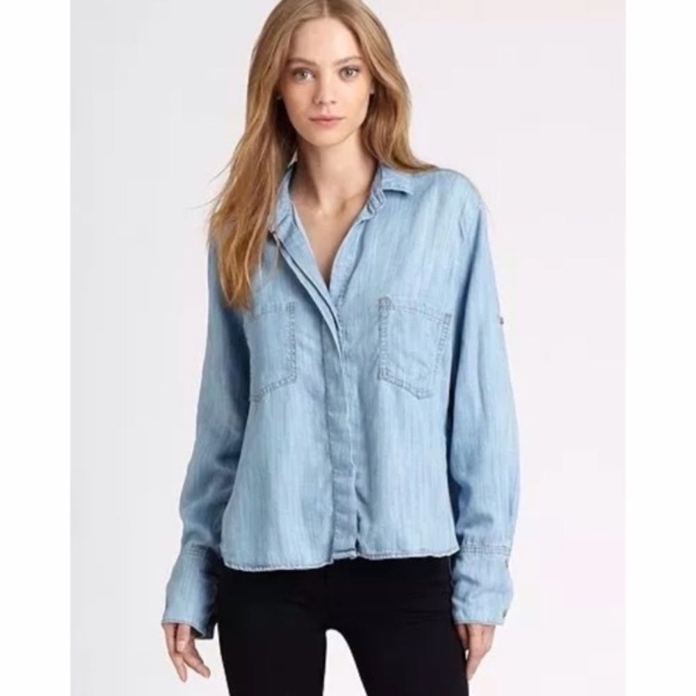 Anthro Elevenses Chambray Cutaway Pleat Shirt Sz M